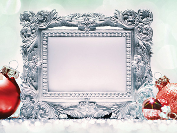 frame and Christmas ornaments